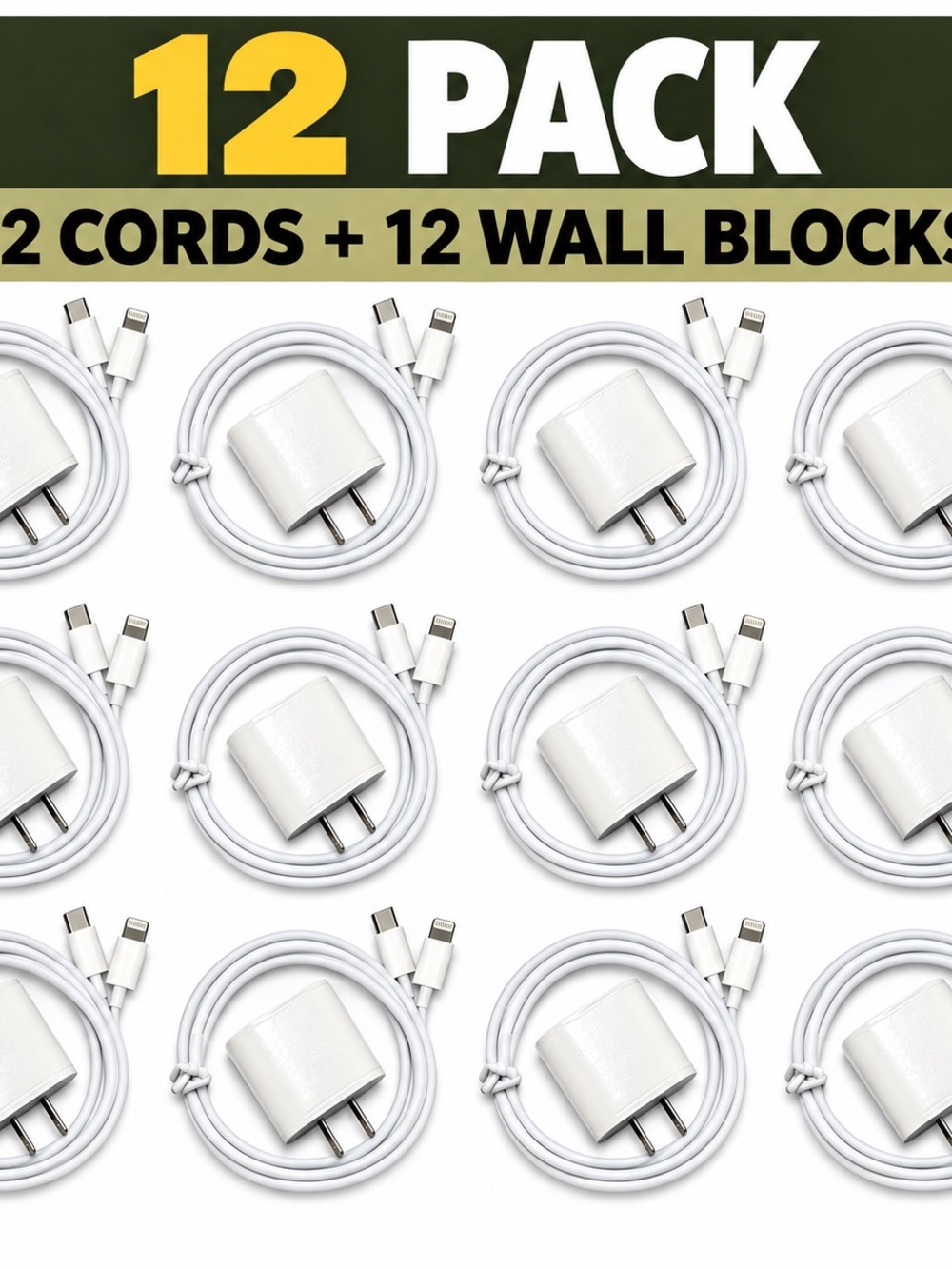 12-Pack White USB-C to Lightning Charging Cables with White Wall Chargers